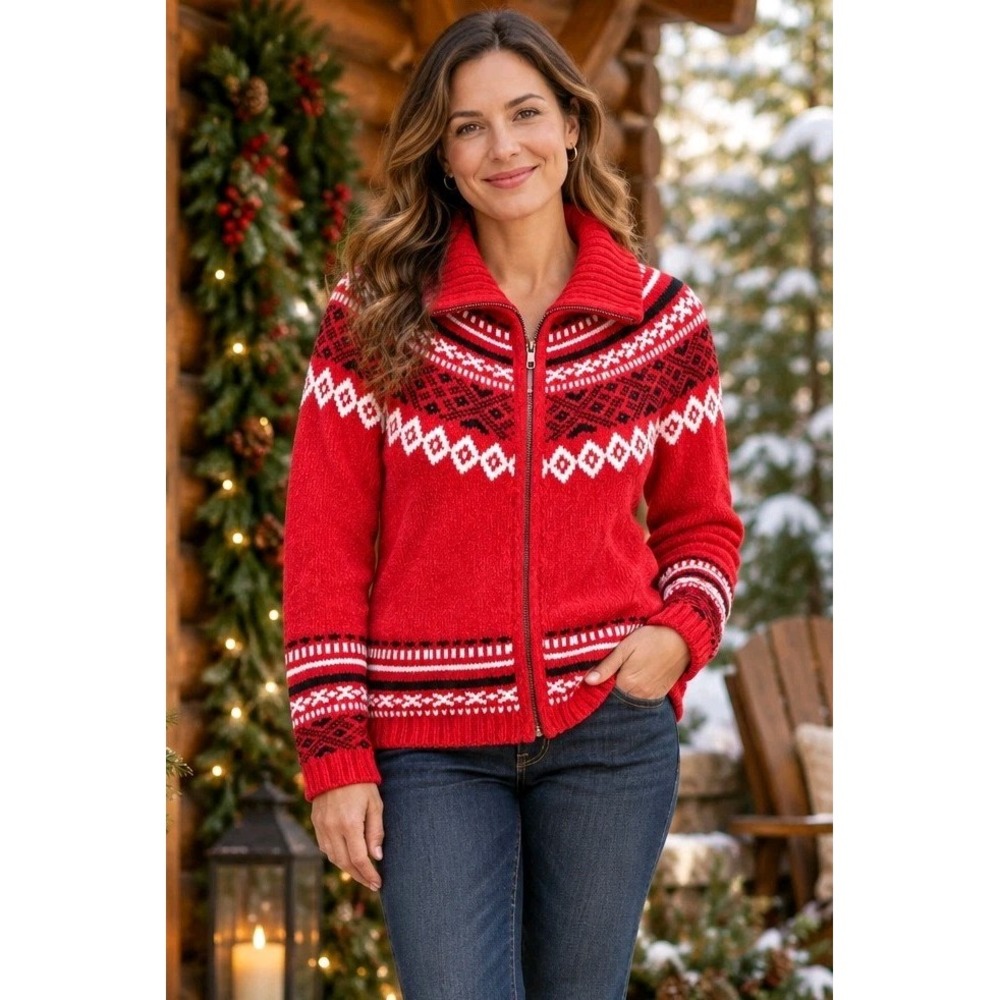Allison Brittney Red Chenille Fair Isle Cardigan Sweater Womens Medium Zip Front